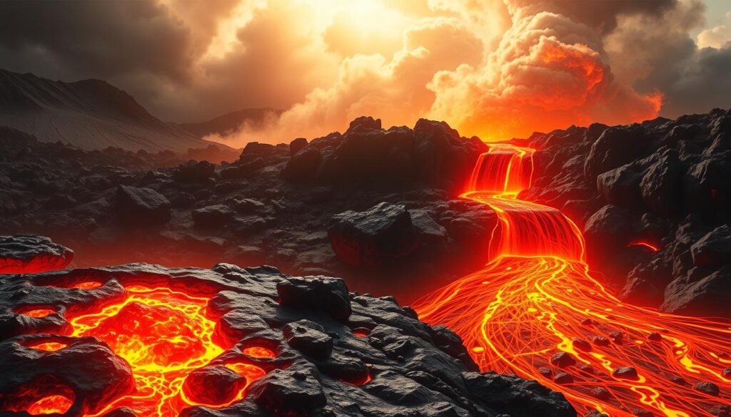 A dramatic illustration of magma transforming into flowing lava. In the foreground, a glowing, molten substance oozes and bubbles, its orange and red hues casting a warm, intense glow. The middle ground depicts the transition, with the magma slowly liquefying and transitioning into a smooth, viscous lava stream. In the background, a rugged, rocky landscape sets the scene, with wisps of smoke and ash billowing upwards, creating an ominous and awe-inspiring atmosphere. Dramatic lighting from above casts dramatic shadows, enhancing the sense of depth and movement. Captured with a wide-angle lens to convey the scale and power of this natural phenomenon.