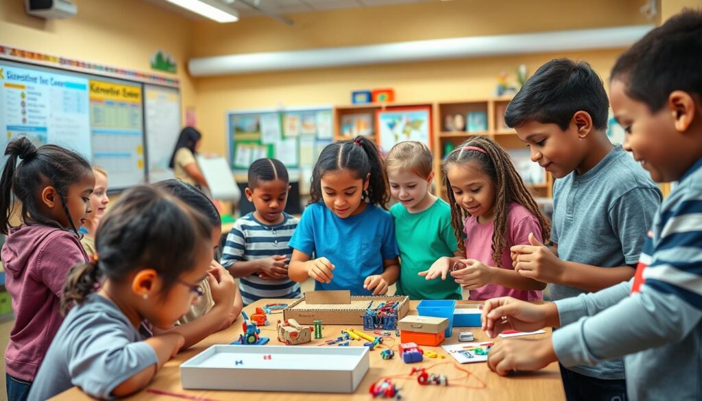 A dynamic and interactive classroom setting, with kinesthetic learners eagerly engaging in hands-on activities. The foreground features a group of students of diverse ages and backgrounds, each immersed in a tactile learning experience, such as building, manipulating, or exploring various materials. The middle ground showcases a variety of educational tools and resources, including interactive whiteboards, model kits, and sensory-rich learning stations. The background offers a warm, well-lit environment, with vibrant colors and natural lighting, creating a stimulating and inviting atmosphere for kinesthetic exploration. The overall scene conveys a sense of energy, collaboration, and the joy of learning through physical interaction and movement.