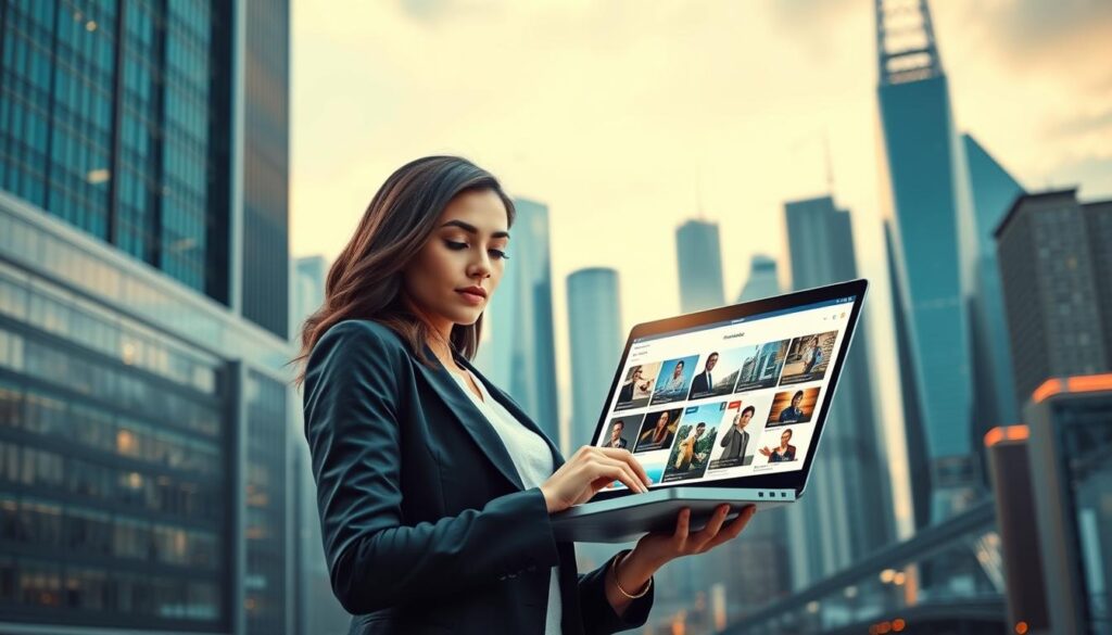 A dynamic, forward-looking professional stands confidently amidst a futuristic cityscape, her eyes fixed on a glowing laptop screen displaying various online courses. Warm lighting casts a soft glow, highlighting her determined expression as she navigates the endless possibilities of e-learning. In the background, towering skyscrapers and a vibrant urban landscape symbolize the promise of career advancement through accessible, self-paced education. Sleek, minimalist design elements and a color palette of blues and grays evoke a sense of technological innovation and personal growth. The scene conveys the empowering potential of e-learning for aspiring professionals seeking to unlock new opportunities and propel their careers forward.