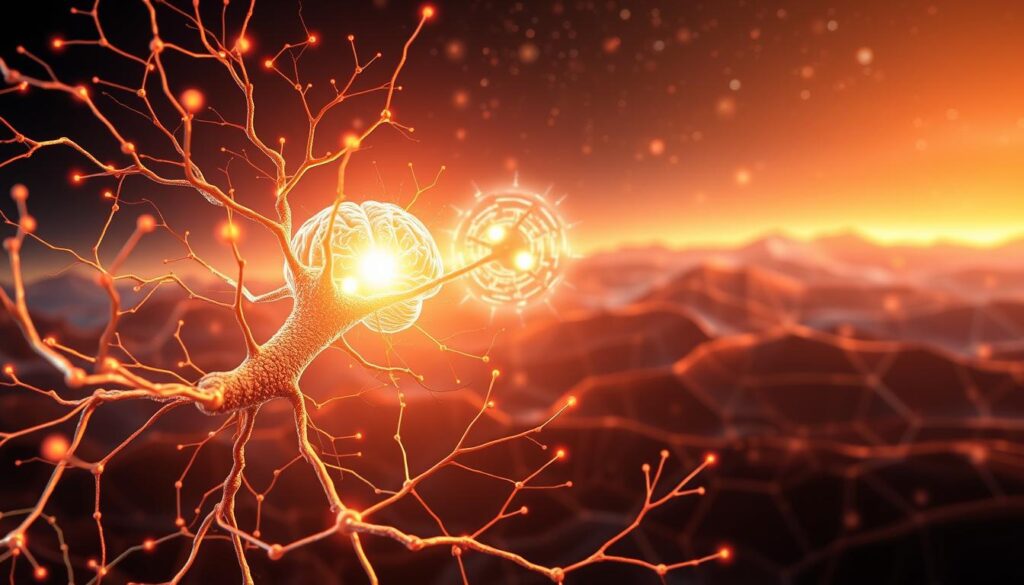 A dynamic neuroscience-inspired illustration of a growth mindset. In the foreground, a vibrant neural network of branching pathways and synaptic connections, symbolizing the brain's neuroplasticity and capacity for learning. The middle ground features a glowing, stylized brain with pulsing energy centers, representing the activation of cognitive processes. In the background, a shimmering landscape of abstract geometric forms and undulating gradients, evoking a sense of expansion, potential, and the vastness of the mind. The lighting is warm and diffused, creating an atmosphere of contemplation and intellectual curiosity. The overall composition conveys the idea of neurological growth, adaptability, and the power of a growth mindset to unlock academic success.