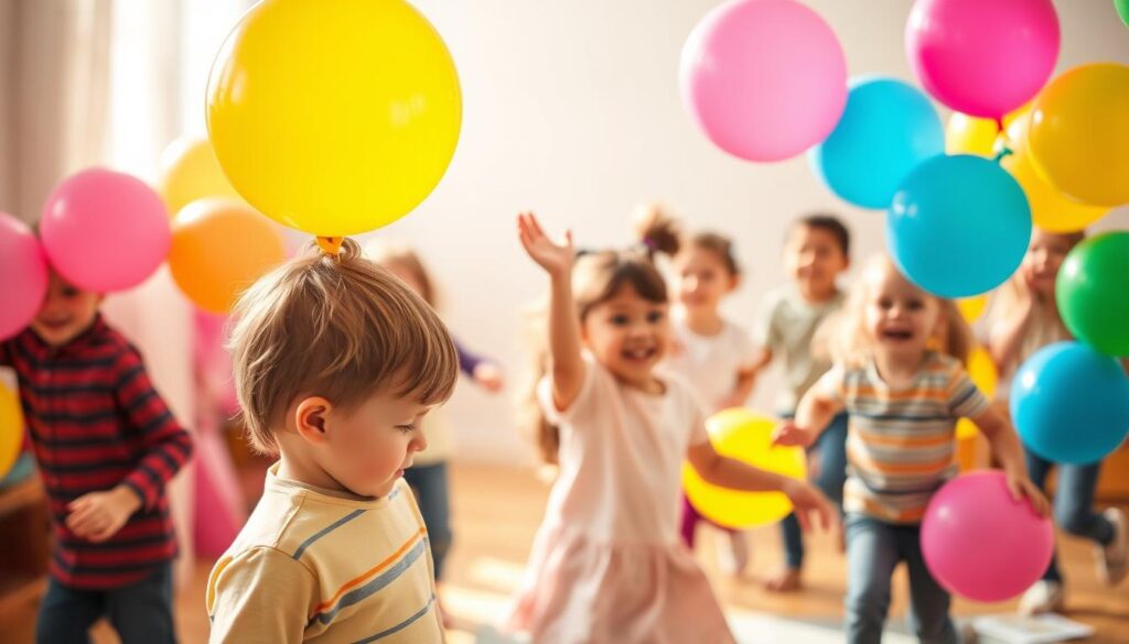 A group of children enthusiastically engaging in various gross motor skill activities with colorful balloons. In the foreground, a child bounces a balloon on their head, focusing intently. In the middle ground, two children toss a balloon back and forth, their movements fluid and coordinated. In the background, a cluster of children race to keep their balloons aloft, their laughter and excitement palpable. The scene is bathed in warm, natural lighting, creating a sense of joyful energy and playfulness. The composition is balanced, with the children's movements capturing the dynamic nature of the activities. The overall mood is one of unbridled fun and the development of important physical skills. A group of children enthusiastically engaging in various gross motor skill activities with colorful balloons. In the foreground, a child bounces a balloon on their head, focusing intently. In the middle ground, two children toss a balloon back and forth, their movements fluid and coordinated. In the background, a cluster of children race to keep their balloons aloft, their laughter and excitement palpable. The scene is bathed in warm, natural lighting, creating a sense of joyful energy and playfulness. The composition is balanced, with the children's movements capturing the dynamic nature of the activities. The overall mood is one of unbridled fun and the development of important physical skills.