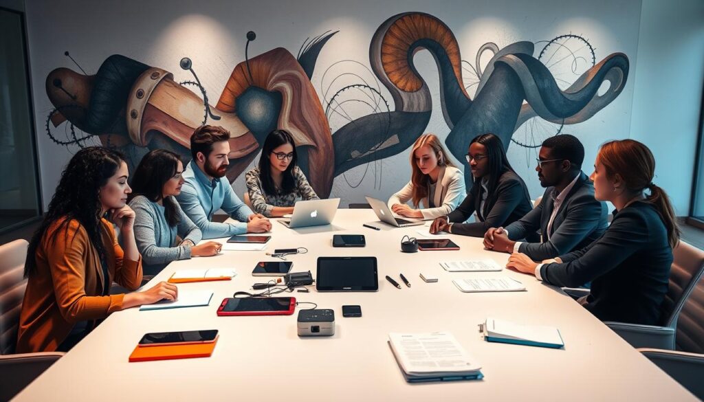 A group of diverse professionals engaged in a collaborative discussion, seated around a sleek, modern conference table with a minimalist design. Soft, directional lighting illuminates their faces, creating a pensive, contemplative atmosphere. The middle ground features various digital devices, notepads, and stationery, symbolizing the exchange of ideas and information. In the background, a large, abstract mural on the wall serves as a visually striking backdrop, hinting at the creative and innovative nature of their communication strategies.