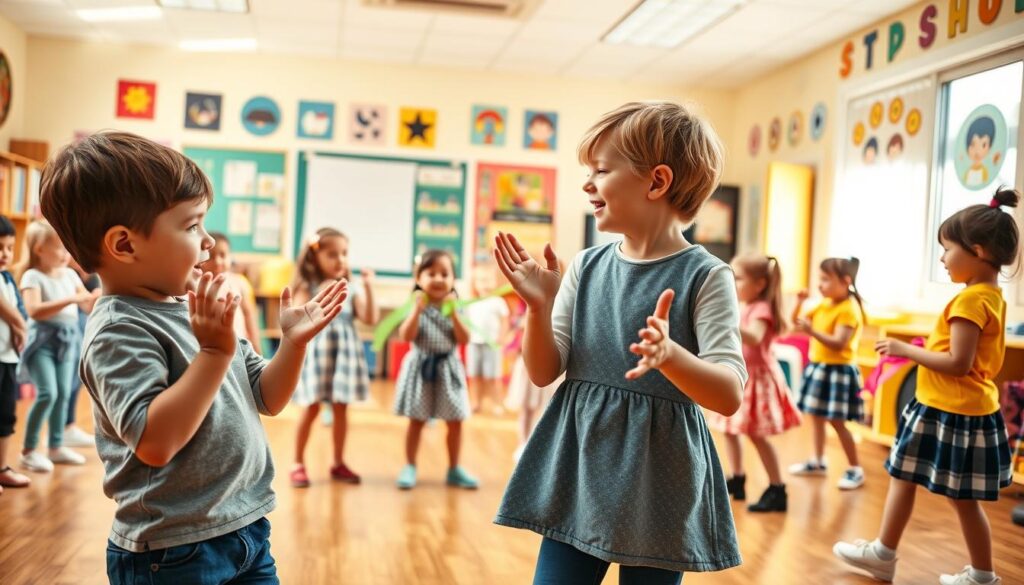 A group of young children energetically performing various action songs and movement activities in a vibrant, colorful classroom setting. In the foreground, two children are enthusiastically dancing and clapping to an upbeat, rhythmic melody. In the middle ground, a small circle of children are engaged in a call-and-response action song, guided by a smiling teacher. In the background, additional children are moving to the music, using props like scarves and ribbons to enhance their movements. The lighting is warm and natural, capturing the joyful, playful atmosphere of the scene. The camera angle is slightly elevated, allowing for a panoramic view of the engaging, interactive learning environment.