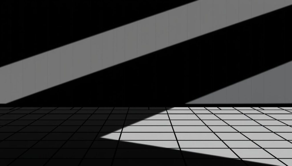 A high-contrast, minimalist illustration showcasing an elimination grid strategy for a logic puzzle. A bold, clean grid pattern occupies the foreground, with crisp lines and sharp edges rendered in shades of black and white. The middle ground features a series of numbered or lettered cells, suggesting the process of methodically eliminating possibilities. The background maintains a sense of depth with subtly rendered grid lines, creating an impression of a logical, structured approach to problem-solving. Dramatic lighting casts dramatic shadows, emphasizing the geometric forms and the analytical nature of the subject matter. The overall mood is one of focused clarity and intellectual engagement.