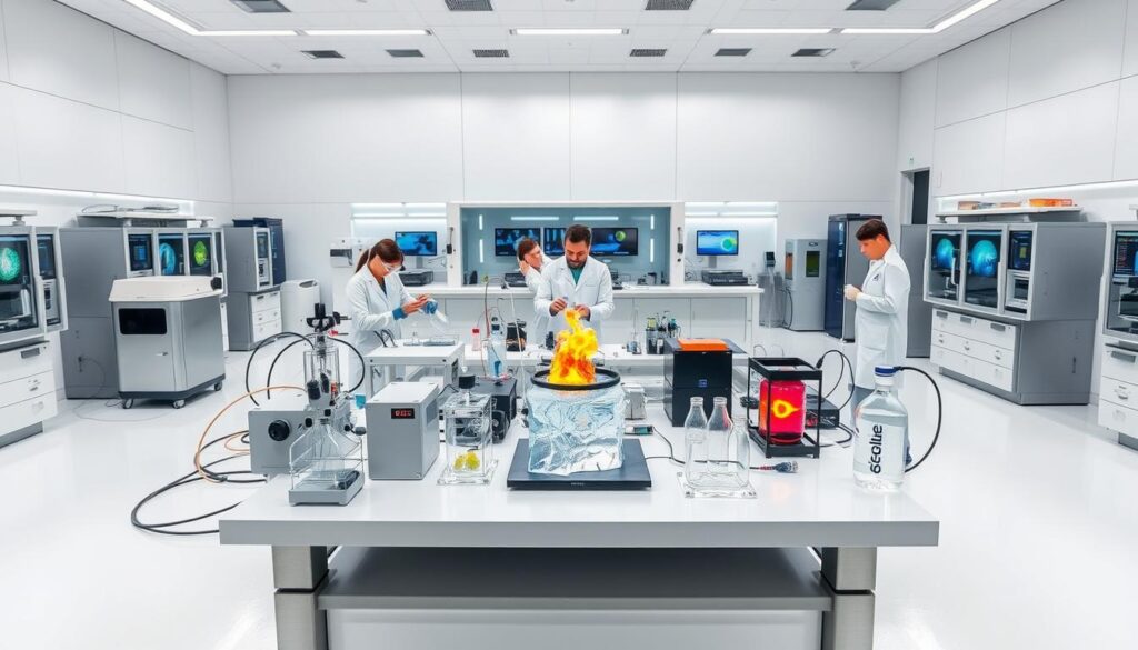 A laboratory setting with a central table showcasing advanced ice control methods. In the foreground, a series of scientific instruments and apparatus used to manipulate and study the properties of ice, such as specialized cooling systems, ice crystal growth chambers, and thermal imaging cameras. In the middle ground, researchers in lab coats and goggles meticulously conducting experiments, observing the effects of various techniques on ice formation and melting. The background features a sleek, minimalist interior with high-tech equipment and monitors displaying data visualizations. Bright, even lighting illuminates the scene, creating a sense of precision and scientific inquiry. The overall atmosphere conveys a fusion of cutting-edge technology and rigorous experimentation in the field of ice control.