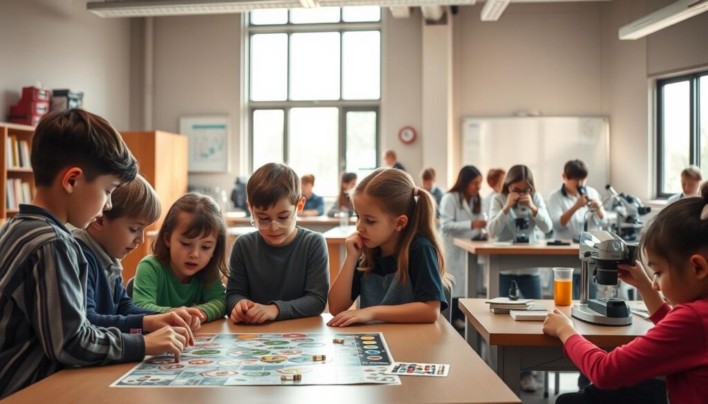 A lively classroom setting with students engaged in diverse critical thinking activities. In the foreground, a group of children huddled around a table, collaboratively solving a hands-on problem-solving puzzle. In the middle ground, another set of students debating a topic, gesturing passionately. In the background, a class exploring scientific concepts through interactive experiments, peering into microscopes and recording observations. Natural lighting filters in through large windows, casting a warm, inviting glow. The scene conveys a sense of curiosity, teamwork, and intellectual stimulation, embodying the essence of real-world critical thinking applications.