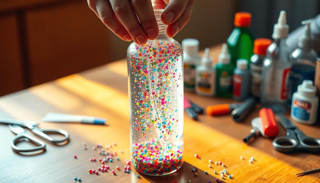 A mesmerizing sensory bottle, filled with a kaleidoscope of glitter and vibrant beads, sits atop a wooden table. The bottle is bathed in warm, natural lighting, casting a soft glow that illuminates the swirling contents. In the foreground, a pair of hands carefully examines the bottle, gently shaking it to observe the captivating motion of the materials inside. The middle ground showcases an array of craft supplies, including scissors, glue, and various bottles, hinting at the process of creating these engaging tactile toys. The background is blurred, drawing the viewer's focus to the central element - the sensory bottle and the hands troubleshooting its intricacies.