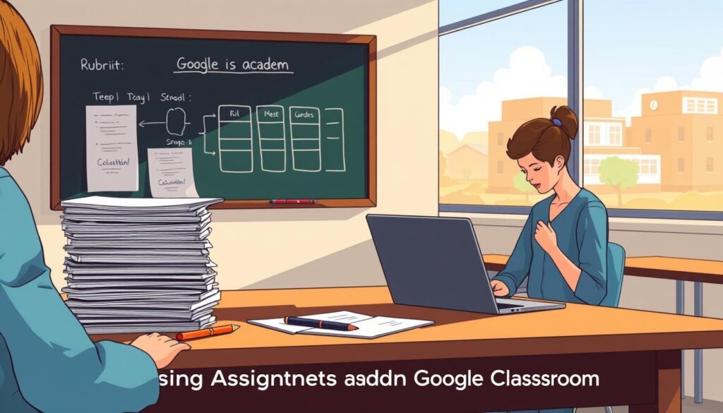 A minimalist, highly detailed digital illustration depicting the assignment grading workflow in a modern educational setting. In the foreground, a teacher's desk with a stack of graded assignments, a laptop, and a pen. In the middle ground, a student submitting an assignment through a digital interface on a tablet. In the background, a chalkboard displaying an academic rubric and a window overlooking a serene school campus. The scene is bathed in warm, natural lighting, creating a calm and productive atmosphere. The overall composition emphasizes the efficiency and organization of the grading process, reflecting the "Using Assignments and Grading in Google Classroom" section of the article.