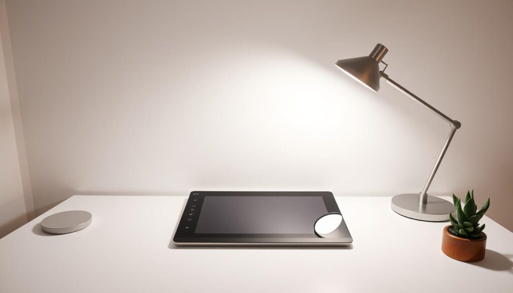 A minimalist, mess-free creative workspace with a sleek white desk, a high-end digital drawing tablet, and a modern LED desk lamp providing warm, focused illumination. In the background, a clean white wall serves as a blank canvas, allowing the creative tools to take center stage. The desktop is clutter-free, with only the essential items like a stylish pen holder and a small succulent plant, promoting a sense of calm and focus. The overall atmosphere is one of streamlined, functional elegance, inspiring a mindset of organized and mindful creativity.