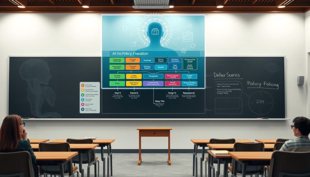 A modern, well-lit classroom setting with a large chalkboard or interactive display at the front. Desks and chairs arranged in a semicircle, facing the board. On the board, a diagram illustrating the policy framework for AI in education - color-coded regulations, guidelines, and best practices. Floating above the diagram, a holographic projection of an AI assistant, its interface and data visualizations visible. The classroom is filled with a sense of thoughtful discussion and collaborative exploration of the intersection between AI technology and educational policy.