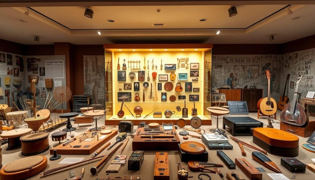 A museum-like diorama depicting the historical evolution of DIY musical instruments, showcasing a diverse timeline of crafted creations. In the foreground, an eclectic array of homemade instruments - from primitive percussions and wind chimes to intricate string instruments and electronic modules. The middle ground features a large display case illuminated by soft, warm lighting, revealing a curated collection of vintage handmade designs. In the background, a panoramic mural depicts the cultural significance of these DIY innovations, from folk traditions to avant-garde experimentations. The scene conveys a sense of wonder, innovation, and the enduring human spirit of musical expression.