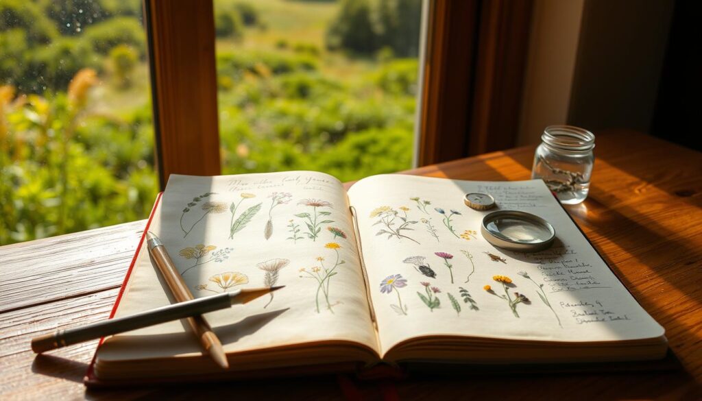 A nature journal with sketches, pressed flowers, and hand-written notes lies open on a wooden surface. Sunlight filters through a nearby window, casting a warm glow over the page. In the foreground, a pair of sketching pencils, a magnifying glass, and a small specimen jar are arranged neatly. In the middle ground, an array of wildflowers, insects, and other natural elements are captured in delicate illustrations, their details meticulously documented. The background features a lush, verdant landscape visible through the window, hinting at the wealth of discoveries waiting to be made outdoors.