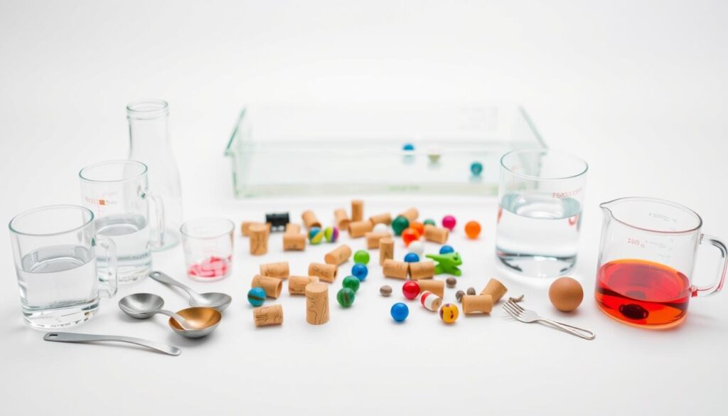 A neatly organized set of materials for engaging water experiments, captured in a bright, well-lit studio setting. In the foreground, a variety of clear containers, measuring cups, and spoons, arranged on a clean, white surface. In the middle ground, an assortment of objects that could be used to test buoyancy, such as corks, marbles, and small toys. In the background, a shallow tray filled with water, ready for the experiments to begin. The overall atmosphere is one of scientific curiosity and educational discovery, inviting young learners to explore the properties of water through hands-on investigation.