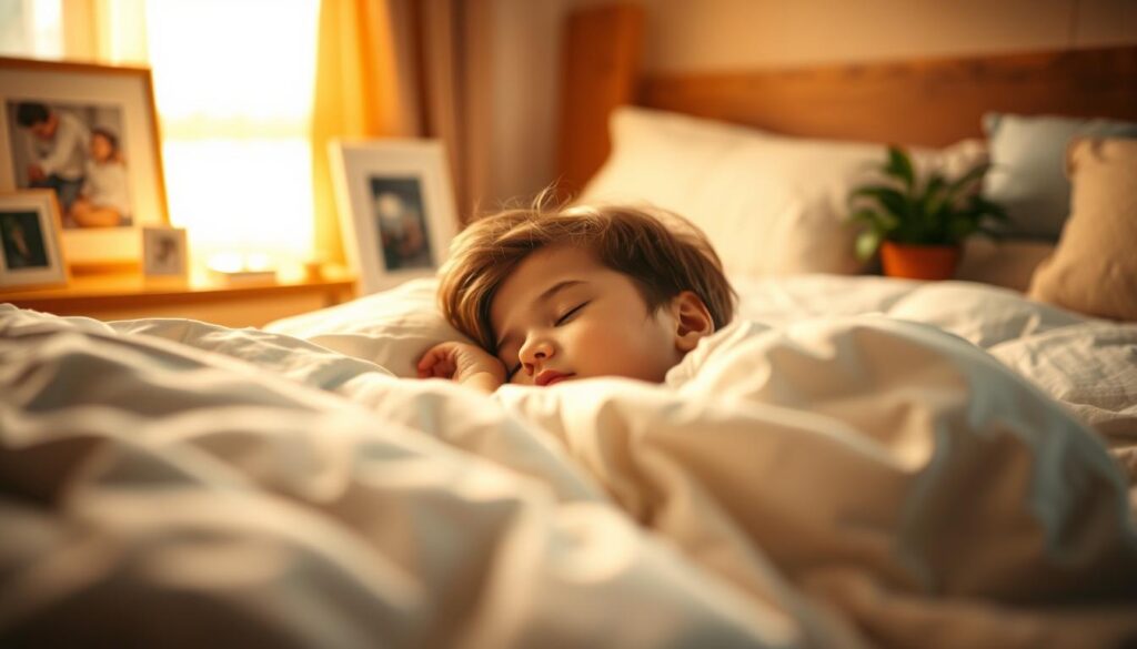 A peaceful, serene scene of a young child sleeping peacefully in a cozy bedroom. The child is tucked under soft, plush bedding, their face relaxed and serene. Warm, gentle lighting casts a soothing glow throughout the room, creating a calming atmosphere. In the background, subtle details like a nightstand, a framed picture, and a potted plant add to the tranquil ambiance. The camera angle is slightly elevated, capturing the child from a slightly oblique perspective, emphasizing the comfort and security of the sleeping environment. The overall mood conveys the restorative benefits of a good night's sleep for a growing child. A peaceful, serene scene of a young child sleeping peacefully in a cozy bedroom. The child is tucked under soft, plush bedding, their face relaxed and serene. Warm, gentle lighting casts a soothing glow throughout the room, creating a calming atmosphere. In the background, subtle details like a nightstand, a framed picture, and a potted plant add to the tranquil ambiance. The camera angle is slightly elevated, capturing the child from a slightly oblique perspective, emphasizing the comfort and security of the sleeping environment. The overall mood conveys the restorative benefits of a good night's sleep for a growing child.