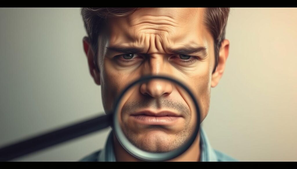 A person's face, brow furrowed, eyes strained, and mouth drawn in a tight line, conveying the physical manifestations of stress. In the middle ground, a magnifying glass hovers, highlighting the subtle signs of tension - tightened jaw, furrowed brow, and weary expression. The background is a muted, calming palette, with soft, diffused lighting casting a contemplative mood, emphasizing the introspective nature of recognizing the symptoms of stress. The composition is balanced, with the subject's face positioned centrally, drawing the viewer's focus to the subtle cues of stress.