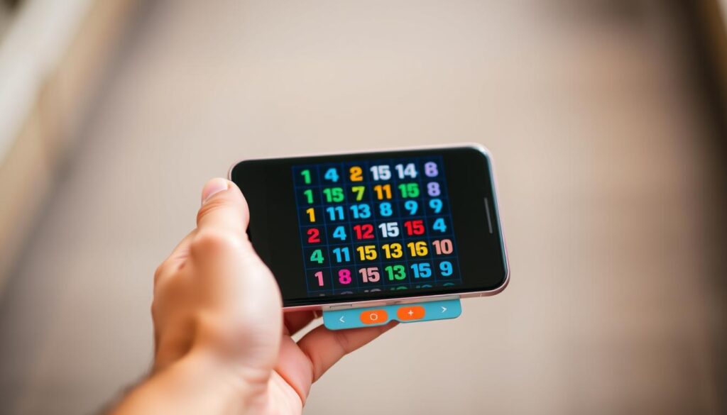 A person's hand holding a mobile device, the screen displaying a vibrant number matching game. The foreground showcases the game's grid of colorful digits, inviting the player to tap and connect matching numbers. The middle ground depicts the mobile device, its sleek design and high-resolution display capturing the modern, on-the-go experience. The background subtly blurs, creating a sense of focus on the engaging gameplay. The lighting is soft and natural, casting a warm glow that enhances the game's visuals. The overall mood is one of casual enjoyment and concentration, reflecting the convenience and accessibility of mobile number matching games.