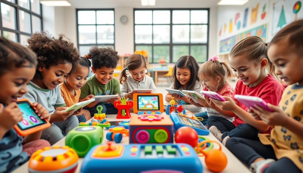 A playful and engaging digital learning scene. In the foreground, a group of diverse children interacting with colorful, intuitive learning apps on tablets and smartphones. The middle ground features educational toys and gadgets, with a STEM-inspired aesthetic. In the background, a warm, inviting classroom setting with large windows, natural lighting, and whimsical wall decorations. The overall atmosphere is one of exploration, creativity, and the joyful convergence of technology and learning.