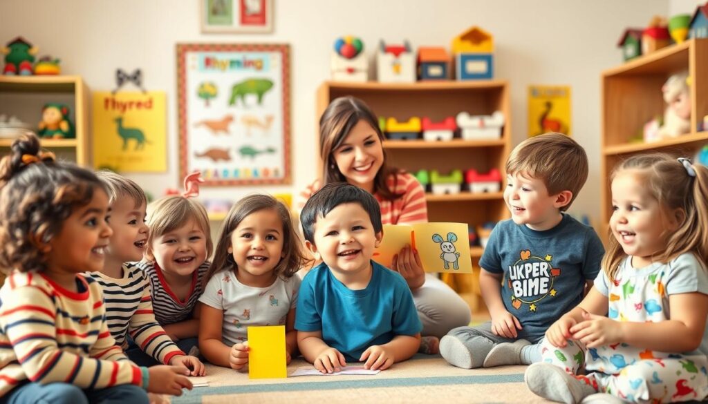 A playful, educational scene depicting the benefits of rhyming games for preschoolers. In the foreground, a group of cheerful children enthusiastically engage in a rhyming activity, their faces filled with delight. In the middle ground, a teacher guides them, using colorful visual aids to illustrate rhyming patterns. The background features a cozy, well-stocked classroom, with educational posters and toys that reinforce the theme of language development. The lighting is warm and inviting, creating a nurturing, inclusive atmosphere. The overall composition conveys the joy, creativity, and cognitive benefits of rhyming games for young learners. A playful, educational scene depicting the benefits of rhyming games for preschoolers. In the foreground, a group of cheerful children enthusiastically engage in a rhyming activity, their faces filled with delight. In the middle ground, a teacher guides them, using colorful visual aids to illustrate rhyming patterns. The background features a cozy, well-stocked classroom, with educational posters and toys that reinforce the theme of language development. The lighting is warm and inviting, creating a nurturing, inclusive atmosphere. The overall composition conveys the joy, creativity, and cognitive benefits of rhyming games for young learners.