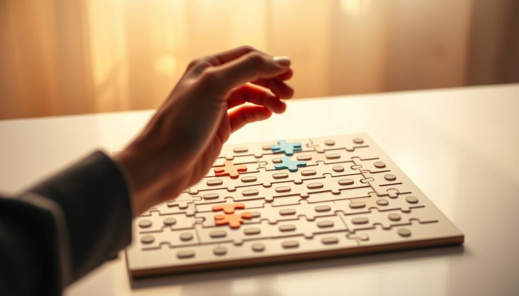 A puzzle grid sits on a clean, minimalist table, bathed in soft, warm lighting. The pieces interlock with a satisfying click, their shapes and colors meticulously designed to challenge the player's strategic thinking. In the foreground, a hand hovers, considering the next move, while the background fades into a serene, contemplative atmosphere, inviting the viewer to engage with the mechanics of the game.