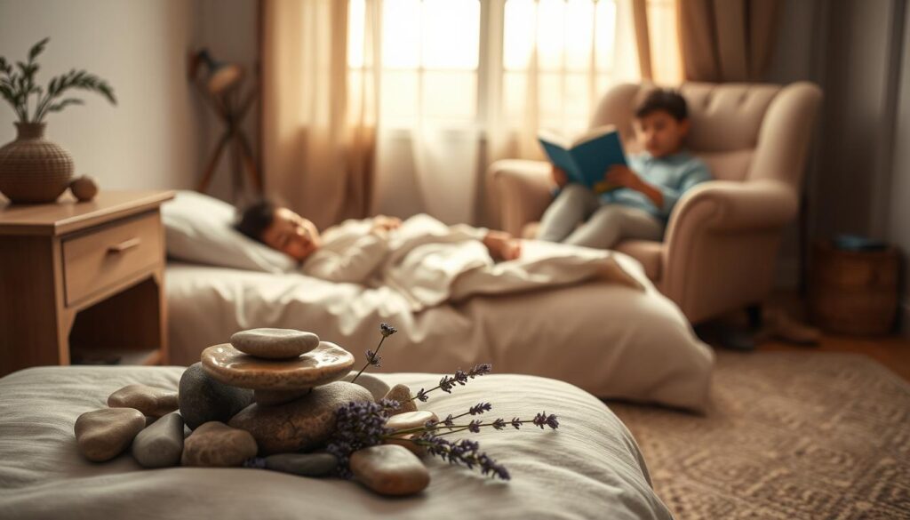 A serene bedroom scene with a child lying in a cozy bed, surrounded by soft, muted colors and soothing textures. The room is bathed in a warm, diffused light, creating a calming atmosphere. In the foreground, a collection of natural elements like river stones, a small water fountain, and a handful of lavender blooms are arranged on a nightstand, evoking a sense of tranquility. The middle ground features a plush, oversized armchair where a parent sits, gently reading a bedtime story. The background is filled with subtle patterns and textures, such as a woven rug and a sheer curtain swaying in a gentle breeze, further enhancing the peaceful ambiance. The overall composition conveys a sense of comfort, relaxation, and the effortless transition to a restful sleep. A serene bedroom scene with a child lying in a cozy bed, surrounded by soft, muted colors and soothing textures. The room is bathed in a warm, diffused light, creating a calming atmosphere. In the foreground, a collection of natural elements like river stones, a small water fountain, and a handful of lavender blooms are arranged on a nightstand, evoking a sense of tranquility. The middle ground features a plush, oversized armchair where a parent sits, gently reading a bedtime story. The background is filled with subtle patterns and textures, such as a woven rug and a sheer curtain swaying in a gentle breeze, further enhancing the peaceful ambiance. The overall composition conveys a sense of comfort, relaxation, and the effortless transition to a restful sleep.