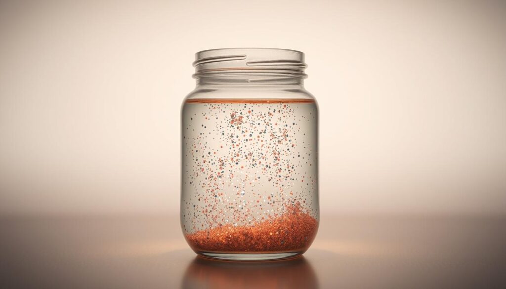A serene glass jar filled with shimmering glitter, suspended in a tranquil suspension of clear liquid. The glitter gently swirls and dances, captivating the eye with its mesmerizing movement. Soft, diffused lighting from above casts a warm, ethereal glow, creating a calming atmosphere. The jar is positioned in the center of the frame, with a clean, minimalist background that allows the captivating display to take center stage. The overall effect is one of peaceful contemplation, inviting the viewer to get lost in the soothing, hypnotic motion of the glitter.