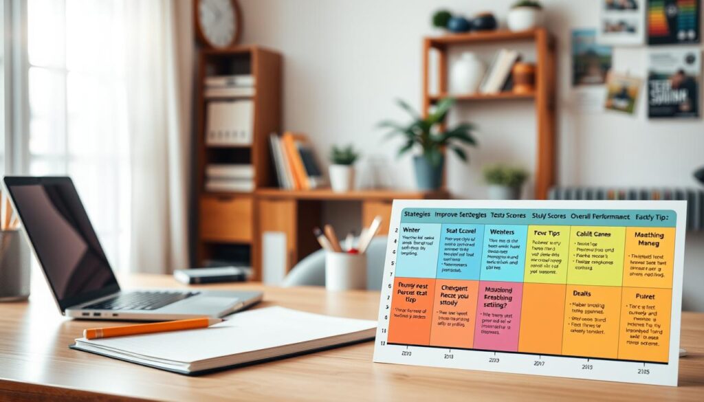 A serene home office setting with a laptop, notebook, and an assortment of stationery items. The room is bathed in soft, natural lighting, creating a warm and inviting atmosphere. In the foreground, a colorful chart or graph showcases various strategies for improving test scores and overall performance ratings. The middle ground features motivational quotes or study tips, while the background subtly depicts images related to number matching games and skill development. The composition is balanced and visually compelling, inviting the viewer to explore the strategies for enhancing their abilities and achieving their goals.