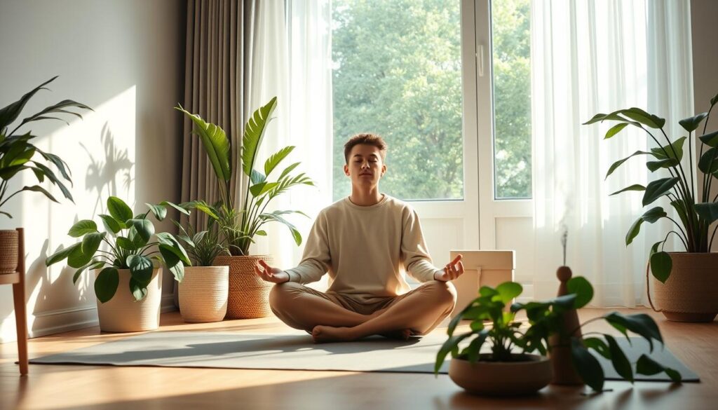A serene morning scene of a person sitting cross-legged on a yoga mat, surrounded by lush, verdant houseplants. Soft, natural light filters through a large window, casting a warm glow on the figure's face as they meditate, eyes closed in deep contemplation. The room is sparsely decorated, with minimal furnishings in neutral tones, creating a calming, minimalist atmosphere. The person wears comfortable, loose-fitting clothing in earthy hues. A small incense holder smolders nearby, filling the air with a soothing, aromatic fragrance. The overall mood is one of tranquility, reflection, and a sense of rejuvenation as the day begins.