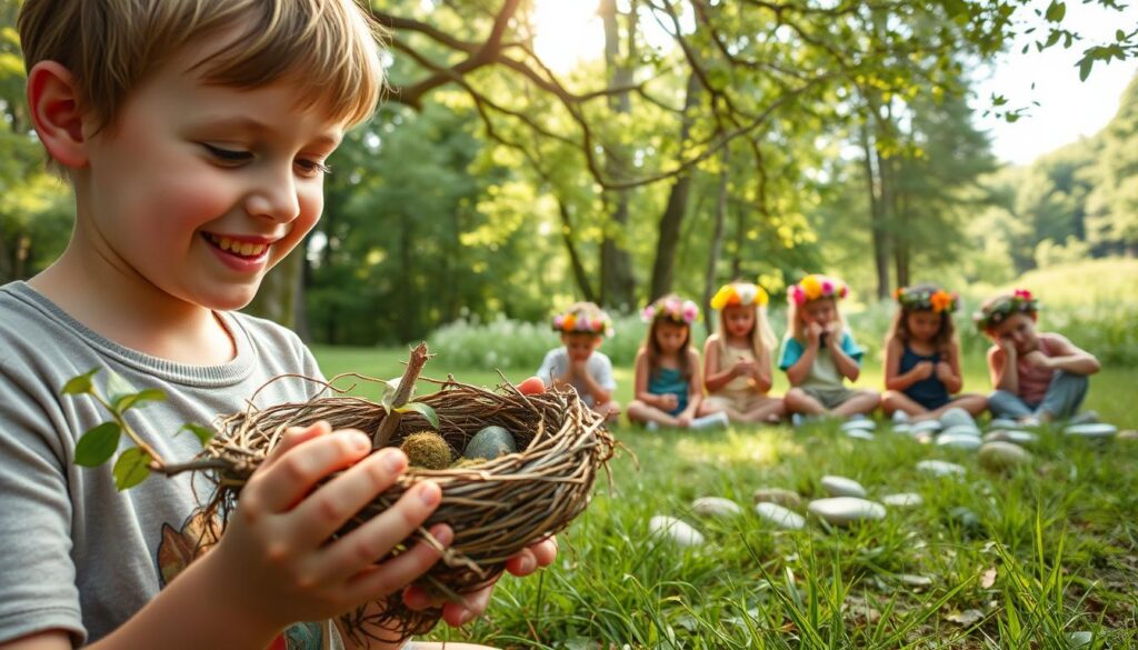 A serene outdoor scene showcasing the benefits of natural crafting activities. In the foreground, a child's hands carefully shape a bird's nest from twigs, leaves, and moss, their face radiating joy and concentration. In the middle ground, a group of children sit in a meadow, weaving intricate flower crowns and decorating smooth river stones. The background features a lush forest canopy, sunlight filtering through the branches, casting a warm, natural glow on the scene. The overall atmosphere is one of tranquility, connection with nature, and the simple pleasures of handmade creations.