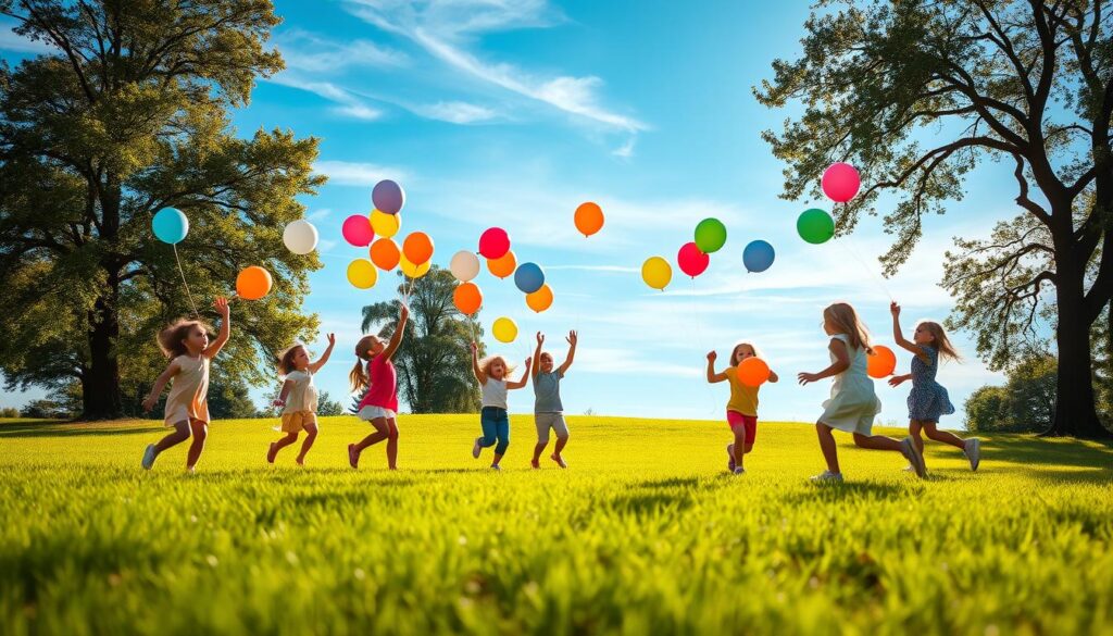 A serene outdoor scene with a group of children enthusiastically playing with colorful balloons. The foreground features a diverse group of kids, their faces lit by the warm glow of the sun, as they chase, toss, and bat the balloons around. In the middle ground, a grassy field provides a lush, verdant backdrop, complemented by the gentle sway of trees in the soft breeze. The background showcases a clear, azure sky, punctuated by wispy clouds, creating a tranquil and uplifting atmosphere. The lighting is natural and diffused, casting a soft, inviting ambiance over the entire scene. This whimsical and playful image captures the joyful benefits of balloon games, promoting physical activity, social interaction, and a sense of carefree wonder. A serene outdoor scene with a group of children enthusiastically playing with colorful balloons. The foreground features a diverse group of kids, their faces lit by the warm glow of the sun, as they chase, toss, and bat the balloons around. In the middle ground, a grassy field provides a lush, verdant backdrop, complemented by the gentle sway of trees in the soft breeze. The background showcases a clear, azure sky, punctuated by wispy clouds, creating a tranquil and uplifting atmosphere. The lighting is natural and diffused, casting a soft, inviting ambiance over the entire scene. This whimsical and playful image captures the joyful benefits of balloon games, promoting physical activity, social interaction, and a sense of carefree wonder.
