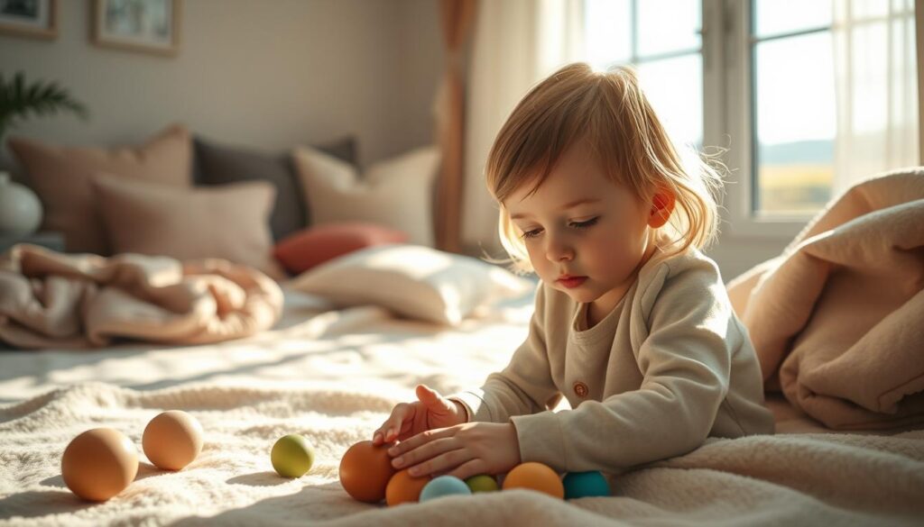A serene scene of a child immersed in calming sensory activities, bathed in soft, natural lighting. In the foreground, the child's hands manipulate smooth, tactile objects like fidget toys and textured fabrics, their face expressing a sense of calm focus. The middle ground features a cozy, inviting space with muted colors and soft textures, such as plush pillows and weighted blankets. In the background, a window frames a tranquil outdoor landscape, hinting at the restorative power of nature. The overall atmosphere evokes a sense of peace, balance, and emotional well-being, capturing the beneficial effects of engaging in mindful, sensory-based activities.