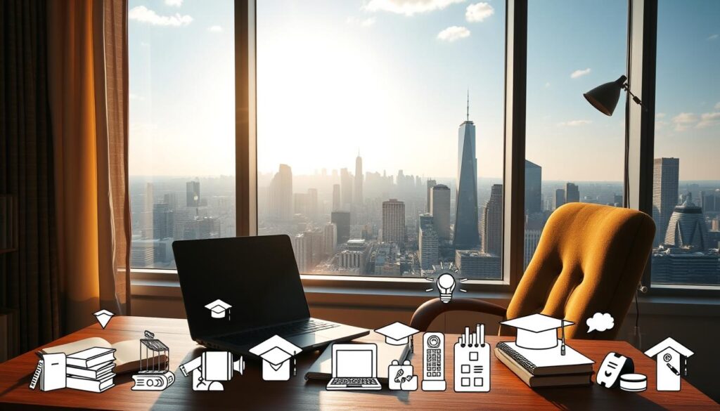 A serene study space with a laptop, notebook, and a cozy chair bathed in warm, natural lighting filtering through a large window. In the background, a sprawling cityscape with modern skyscrapers and a vibrant, diverse community. The foreground features an array of educational icons, such as books, graduation caps, and learning apps, symbolizing the flexibility and accessibility of online education. The overall atmosphere conveys a sense of focus, productivity, and the empowering potential of free, self-paced learning.