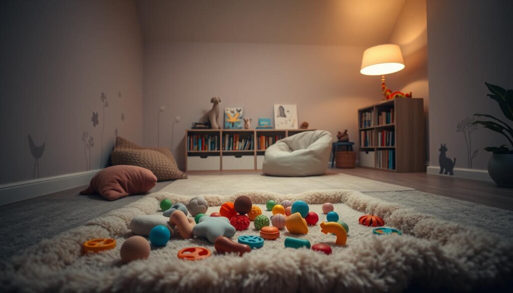 A serene, tactile-rich environment for a child with autism. A calm, dimly lit room with soft, muted colors and textures. In the foreground, a plush, sensory-stimulating play mat with various fabrics, shapes, and fidget toys. In the middle ground, a large bean bag chair and a bookshelf filled with visually simple, therapeutic books. The background features muted, nature-inspired wall decals and a large, adjustable lighting fixture emitting a warm, soothing glow. An atmosphere of comfort, safety, and sensory integration, promoting focus and relaxation.