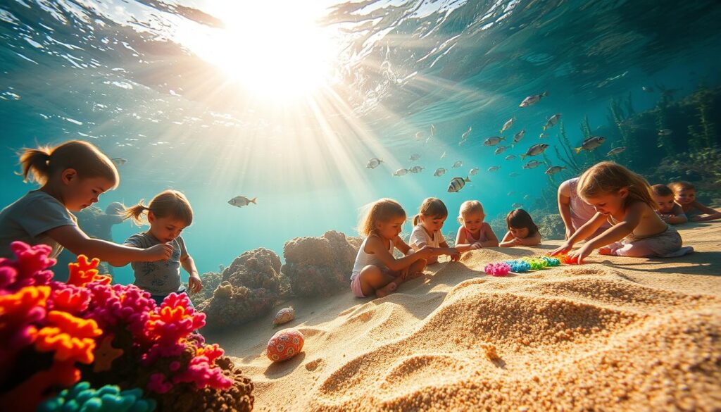 A serene underwater scene showcasing a variety of sensory play activities for young learners. In the foreground, children explore vibrant coral reefs, tactilely engaging with plush, textured sea creatures. In the middle ground, a group of students create colorful sand art, molding the fine grains into mesmerizing patterns. Sunbeams filter through the shimmering waves, casting a warm, tranquil glow. In the background, a school of curious fish dart through the kelp forest, inviting discovery and wonder. The overall atmosphere evokes a sense of calm, inquisitive exploration, perfect for an "Under the Sea Learning" experience. A serene underwater scene showcasing a variety of sensory play activities for young learners. In the foreground, children explore vibrant coral reefs, tactilely engaging with plush, textured sea creatures. In the middle ground, a group of students create colorful sand art, molding the fine grains into mesmerizing patterns. Sunbeams filter through the shimmering waves, casting a warm, tranquil glow. In the background, a school of curious fish dart through the kelp forest, inviting discovery and wonder. The overall atmosphere evokes a sense of calm, inquisitive exploration, perfect for an "Under the Sea Learning" experience.