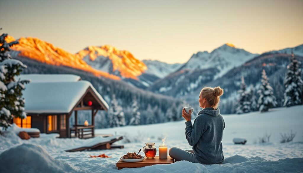 A serene winter landscape, a cozy cottage nestled amidst snow-capped mountains. In the foreground, a person engaged in various healthy lifestyle activities - yoga, meditation, preparing a nourishing meal, sipping a steaming cup of tea. Warm, natural lighting illuminates the scene, creating a sense of tranquility and wellbeing. The atmosphere is one of mindfulness, balance, and self-care, perfectly capturing the essence of "Nourish Yourself with Healthy Lifestyle Choices."