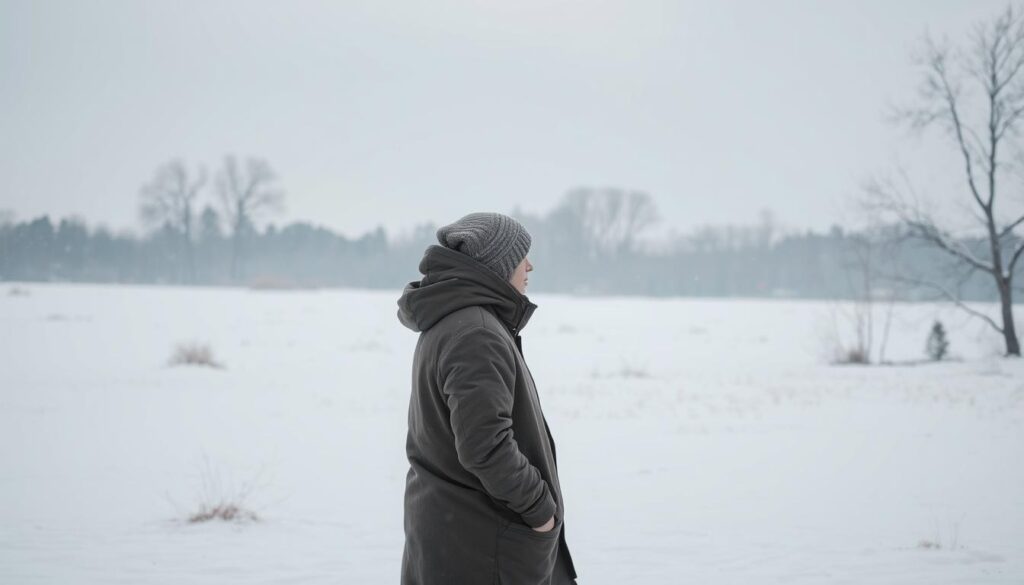 A serene winter landscape with a central figure standing in contemplation. The foreground shows the person bundled up in warm layers, their face obscured, reflecting on the challenges of the season. The middle ground features a soft snowfall, adding a sense of tranquility. In the background, bare trees and a muted sky create a wintry atmosphere. Soft, diffused lighting illuminates the scene, casting a gentle glow. The overall mood is one of introspection and self-care, emphasizing the importance of nurturing one's well-being during the colder months.