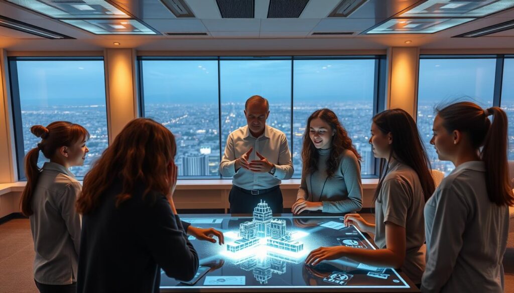 A sleek, futuristic classroom with state-of-the-art holographic displays and interactive learning tools. In the foreground, a group of students collaborate on a 3D virtual model, their faces illuminated by the soft glow of the projection. In the middle ground, an instructor stands by, guiding them with a gesture-controlled interface. The background features a panoramic window overlooking a sprawling cityscape, hinting at the seamless integration of technology and education. The lighting is warm and natural, creating a sense of wonder and excitement around the innovative AI-powered learning experience.