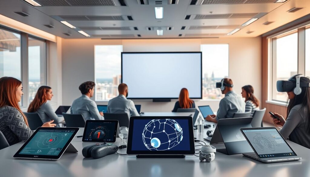A sleek, modern classroom with a central interactive whiteboard or projection screen. In the foreground, various AI-powered educational tools are displayed, such as tablets, laptops, and virtual reality headsets. The middle ground features students engaged in collaborative learning, utilizing the AI tools. In the background, a panoramic view of the cityscape or campus, conveying a sense of innovation and technological advancement. The lighting is bright and inviting, with warm tones that create a welcoming atmosphere. The overall scene depicts the seamless integration of artificial intelligence into the fabric of modern education.
