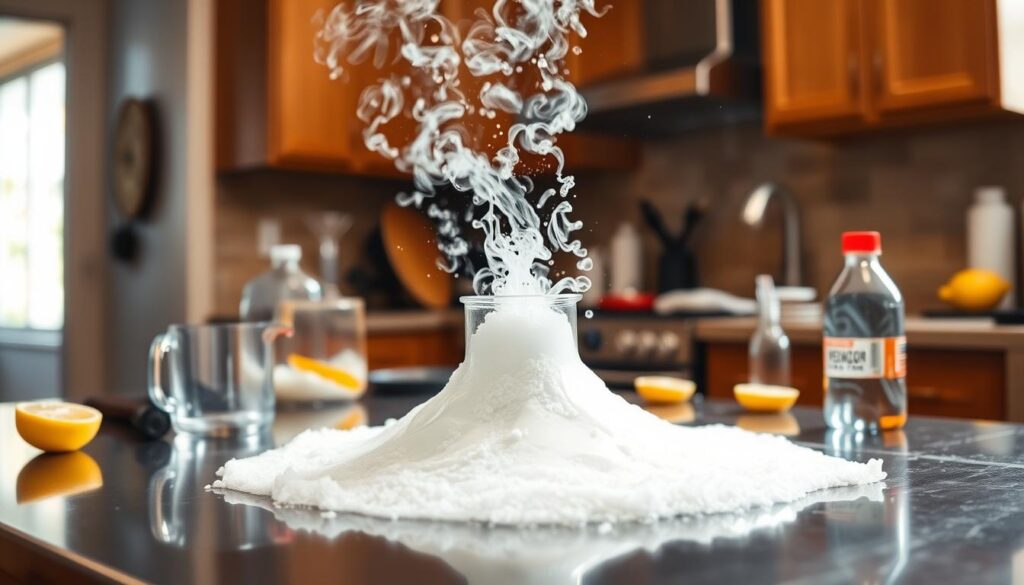 A steaming, effervescent baking soda volcano erupting from a gleaming stainless steel kitchen counter. The foreground showcases the lava-like eruption, with swirls of white foam and bubbles spilling over the edge of a glass beaker. In the middle ground, various kitchen tools and ingredients, such as a measuring cup, a bottle of vinegar, and lemon wedges, surround the experiment. The background features a warm, inviting kitchen setting, with natural light filtering in through a window, illuminating the scene with a soft, diffused glow. The overall atmosphere evokes a sense of curiosity and wonder, inviting the viewer to engage in a simple yet captivating kitchen chemistry experiment.