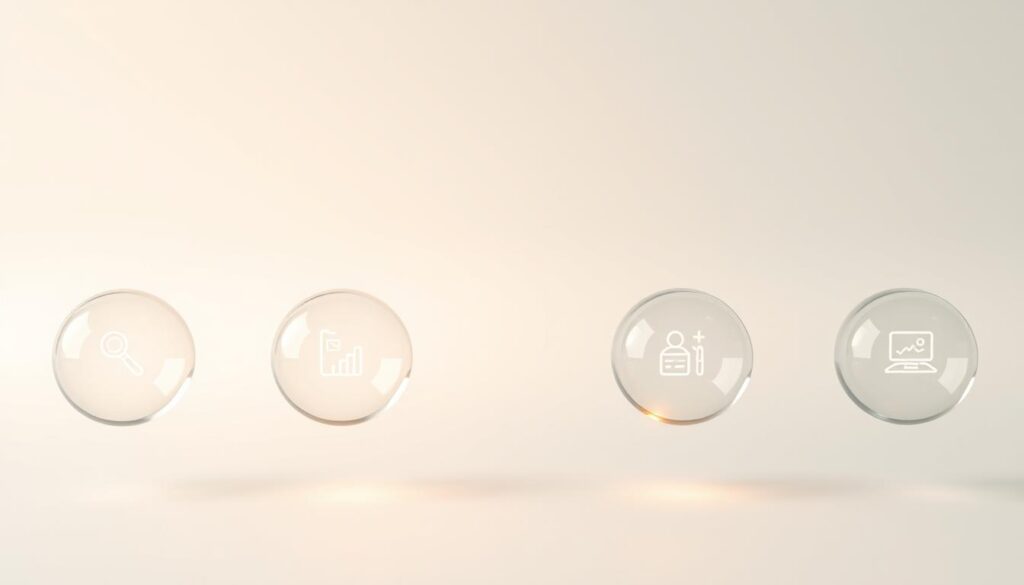 A step-by-step critical thinking process unfolds on a clean, white background. In the foreground, a series of transparent glass spheres float, each containing a distinct icon representing a cognitive step - observation, analysis, evaluation, decision-making, and reflection. The spheres are illuminated from within, casting a soft, warm glow. In the middle ground, a minimalist line diagram connects the spheres, visually mapping the flow of the critical thinking workflow. The background is bathed in a gentle, diffused light, creating a sense of depth and focus on the central elements. The overall composition conveys a sense of clarity, structure, and the iterative nature of critical thinking.