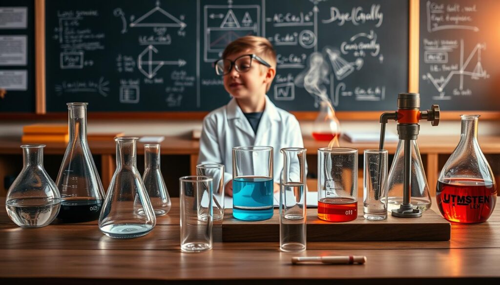 A step-by-step science experiment unfolding on a clean, wooden table. In the foreground, various scientific instruments - beakers, test tubes, a Bunsen burner - are neatly arranged. The middle ground features a young student in a lab coat, intently focused on the experiment, their face in profile. Behind them, a chalkboard displays diagrams and equations, illuminated by warm, soft lighting from the side. The overall atmosphere is one of curiosity, discovery, and the joy of learning through hands-on exploration.