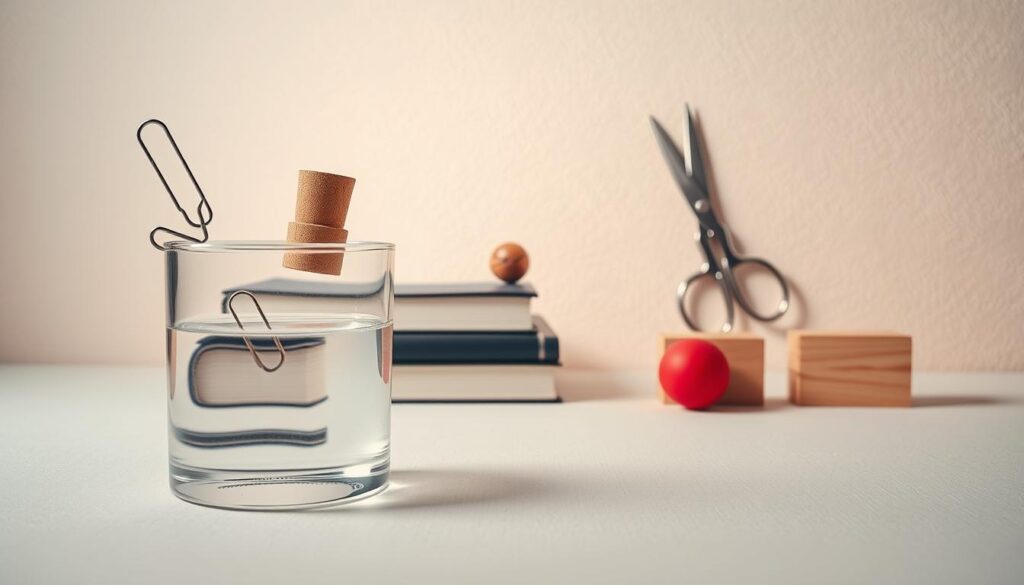 A still life arrangement showcasing various everyday objects in a controlled experimental setup. In the foreground, a glass container filled with water, with a metal paperclip, a cork, and a rubber ball floating on the surface. In the middle ground, a stack of books, a pair of scissors, and a small block of wood, positioned to demonstrate their different densities. The background features a neutral-toned textured wall, with soft, diffused lighting from an unseen source, casting gentle shadows and highlighting the textures of the objects. The overall composition conveys a sense of scientific inquiry and discovery, inviting the viewer to explore the fundamental principles of density and buoyancy.