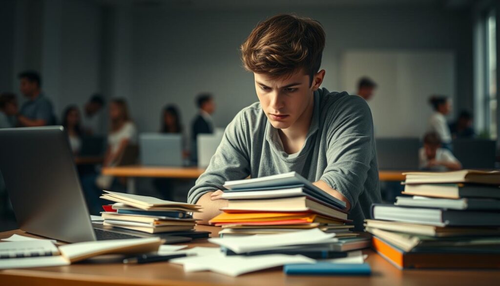 A student sits at a desk, overwhelmed by textbooks, laptops, and scattered papers. The lighting is soft and diffused, creating a pensive, introspective mood. In the background, blurred figures of other students bustle about, highlighting the isolation and solitude of the central figure. The composition emphasizes the challenges of transitioning into academic life, with the student's hunched posture and furrowed brow conveying the weight of their study-related stress. The scene is captured with a medium-wide angle lens, allowing the viewer to empathize with the student's experience.
