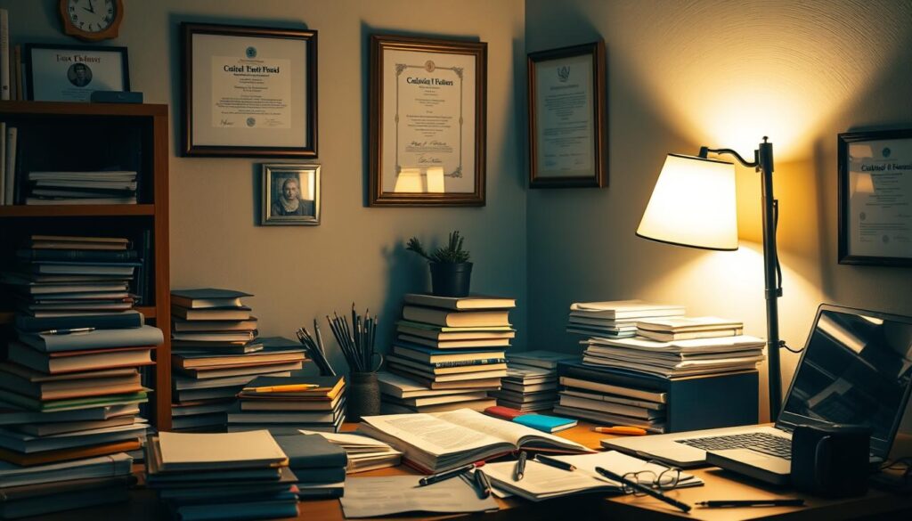 A thought-provoking study nook, bathed in warm, soft lighting from a desk lamp. Stacks of books, journals, and papers litter the workspace, surrounded by an array of pens, pencils, and a laptop. Framed certificates and diplomas adorn the walls, symbolizing academic achievements. The scene exudes a contemplative atmosphere, reflecting the focus and diligence required for successful research. The composition emphasizes the synergy between intellectual curiosity, dedication, and the pursuit of knowledge, capturing the essence of "Understanding Confidence in Learning: Foundations and Benefits."