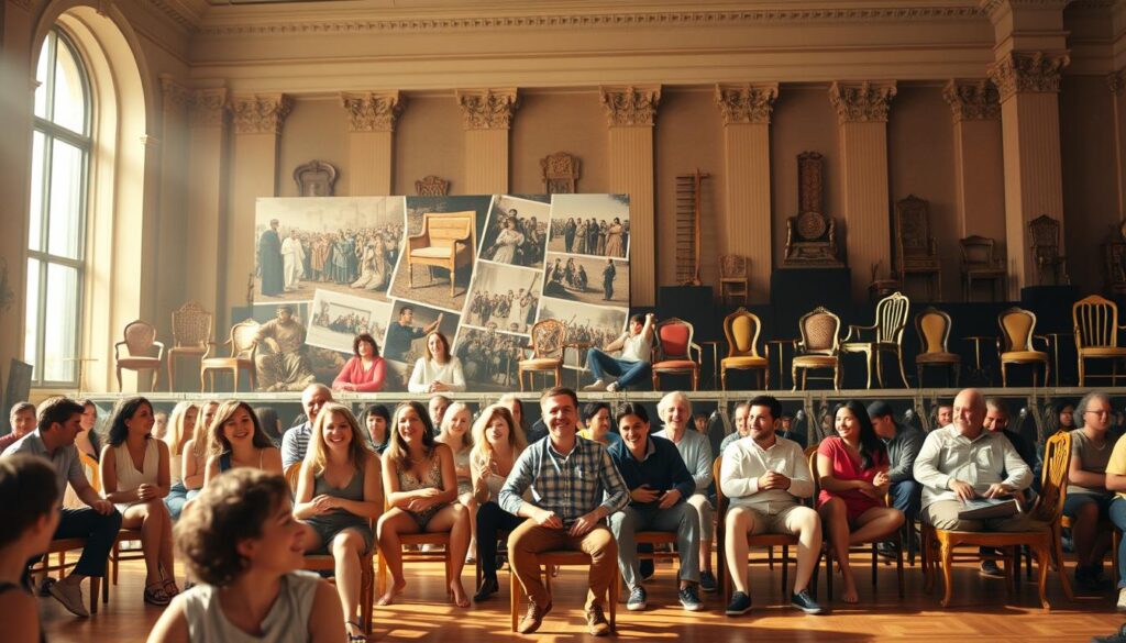 A timeline of musical chairs, capturing its rich history across the ages. In the foreground, a vibrant scene of people playfully jostling for the last seat as the music stops, their expressions animated with laughter and friendly competition. In the middle ground, a collage of iconic moments, from ancient civilizations engaging in chair-based games to 20th-century birthday parties and school events. The background features a stately, museum-like setting, with antique chairs lining the walls, representing the evolution of the game over time. Soft, warm lighting bathes the scene, creating a nostalgic, timeless atmosphere.