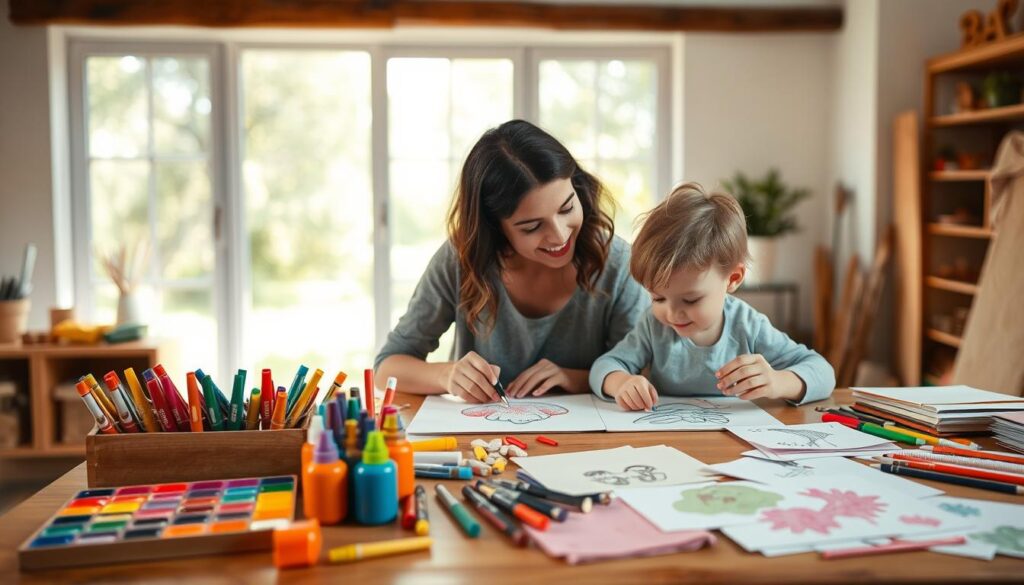 A tranquil, well-lit studio space with age-appropriate art supplies arranged neatly on a wooden table. Colorful paints, non-toxic markers, kid-friendly scissors, and textured papers in various shapes and sizes fill the foreground. In the middle ground, a young child and their parent or caregiver collaborate on a whimsical drawing, their faces filled with concentration and joy. The background depicts an inspiring nature scene through a large window, casting a soft, natural light over the entire composition. The overall atmosphere conveys a sense of creativity, mindfulness, and quality time shared between generations.