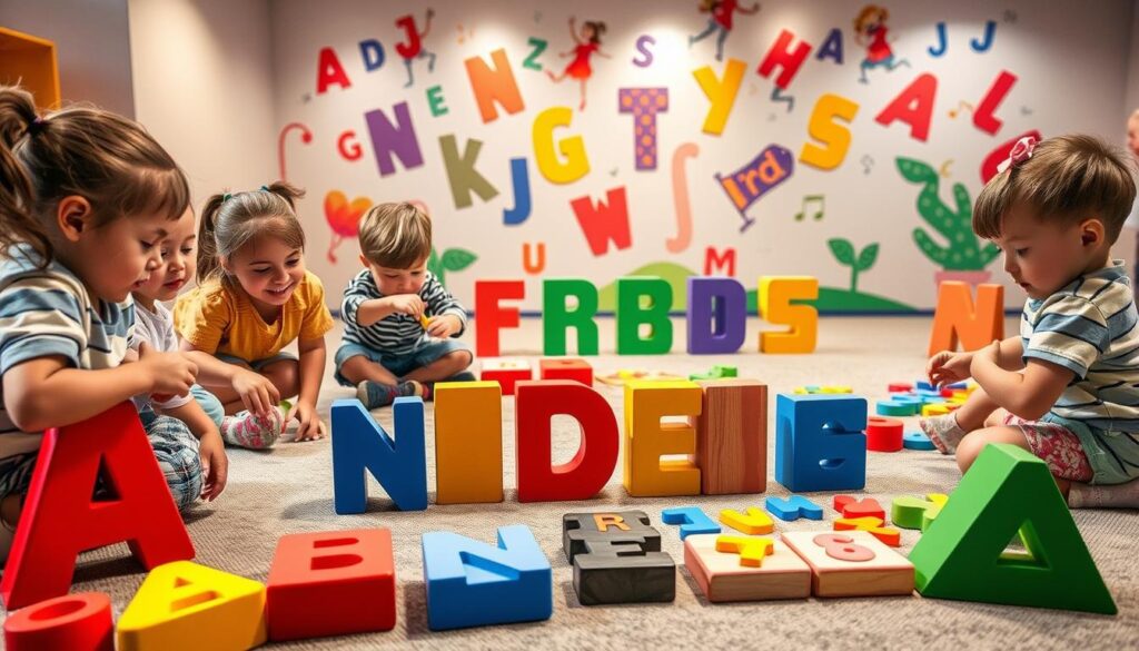 A vibrant and interactive scene of playful letter games for young readers. In the foreground, a group of children enthusiastically engage with oversized, colorful letter blocks, arranging them to form simple words. In the middle ground, a collection of letter-shaped puzzles and magnetic tiles invites further exploration and discovery. The background features a whimsical mural of dancing letters, creating a dynamic and engaging environment. Soft, warm lighting illuminates the scene, evoking a sense of comfort and creativity. The overall composition conveys the joy and excitement of interactive phonics activities, inspiring young minds to learn and grow.