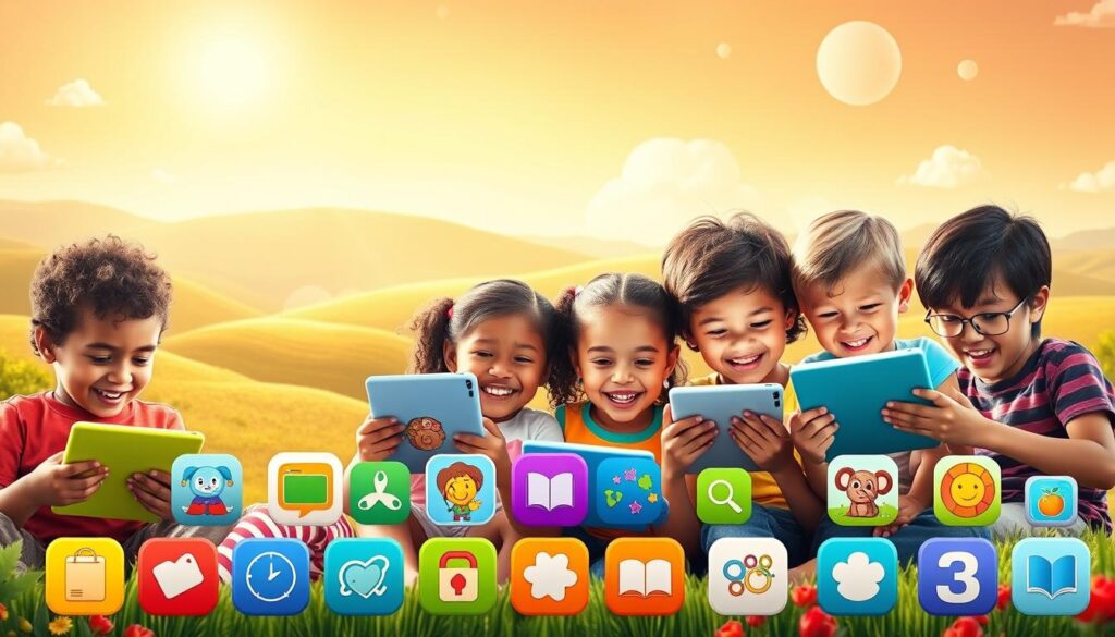 A vibrant and inviting scene depicting the app categories of reading and math. In the foreground, a group of diverse children enthusiastically engaged with interactive reading and math apps on their tablets, their faces lit with excitement. In the middle ground, a collection of app icons representing various reading and math-focused educational programs, each with a distinct visual style and color palette. The background features a whimsical, playful landscape with rolling hills, fluffy clouds, and a warm, soft lighting that creates a sense of wonder and exploration. The overall atmosphere is one of learning, discovery, and pure joy, encouraging young minds to dive into the world of educational apps.