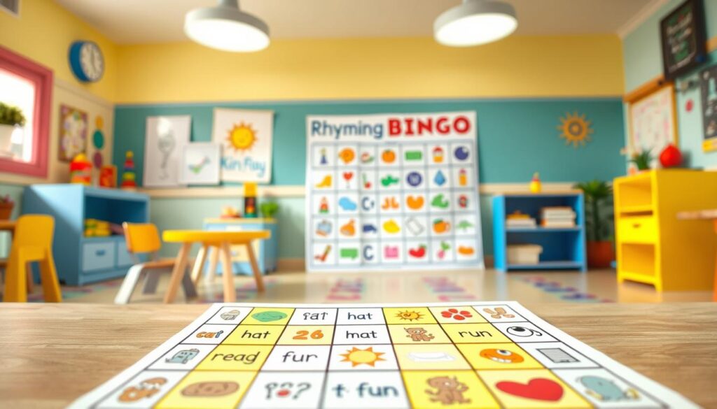 A vibrant and playful scene of interactive rhyming games for preschoolers. In the foreground, a colorful lotto board with rhyming images like cat, hat, and mat, inviting children to match and connect the words. In the middle ground, a rhyming bingo game with playful illustrations of objects like sun, fun, and run. The background features a whimsical classroom setting with bright, airy lighting, soft pastel colors, and a cheerful atmosphere that encourages learning through engaging, hands-on activities. The overall composition captures the joy and creativity of teaching preschoolers through interactive rhyming games. A vibrant and playful scene of interactive rhyming games for preschoolers. In the foreground, a colorful lotto board with rhyming images like cat, hat, and mat, inviting children to match and connect the words. In the middle ground, a rhyming bingo game with playful illustrations of objects like sun, fun, and run. The background features a whimsical classroom setting with bright, airy lighting, soft pastel colors, and a cheerful atmosphere that encourages learning through engaging, hands-on activities. The overall composition captures the joy and creativity of teaching preschoolers through interactive rhyming games.
