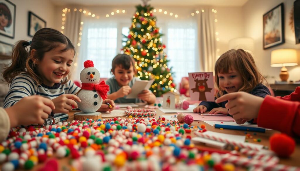 A vibrant and playful scene of kids' holiday craft ideas, captured in a warm, inviting atmosphere. In the foreground, a table is filled with an array of colorful craft supplies - glitter, pom-poms, paints, and paper. Children's hands can be seen crafting whimsical holiday decorations, their faces alight with concentration and joy. The middle ground showcases the finished creations - an adorable snowman, a sparkly reindeer, and a handmade holiday card. In the background, a cozy living room setting with a festive Christmas tree and twinkling lights sets the mood. The lighting is soft and diffused, casting a magical glow over the entire scene. A wide-angle lens captures the intimate, hands-on experience of these engaging holiday crafts for little ones.