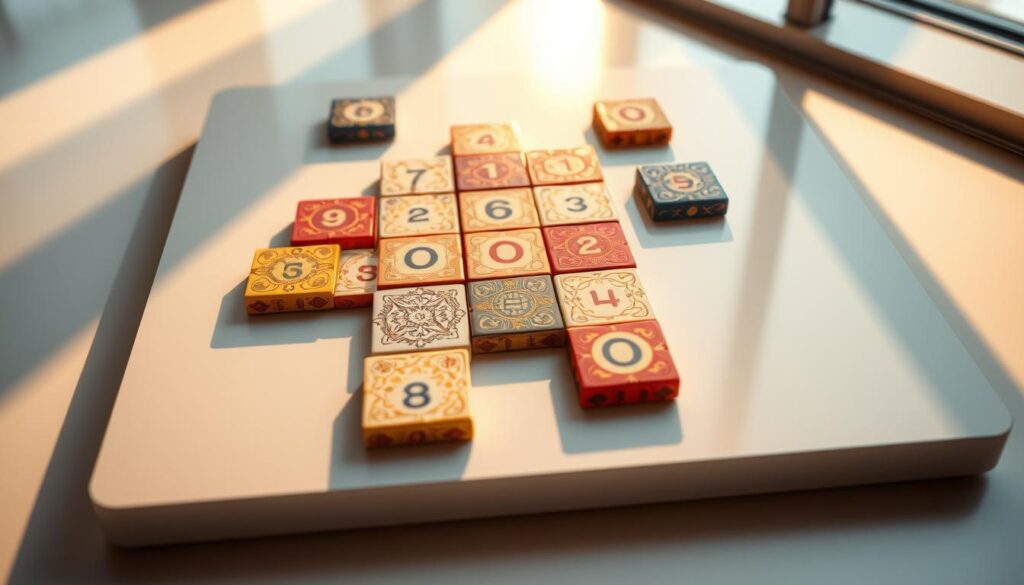 A vibrant array of strategically placed puzzle tiles, each with intricate patterns and bold colors, rests on a sleek, minimalist surface bathed in warm, directional lighting. The tiles are arranged in a captivating, puzzle-like formation, hinting at the depth of gameplay and the cerebral challenge that lies within. The scene is captured from a slightly elevated angle, providing a sense of depth and inviting the viewer to immerse themselves in the intricate workings of these special game elements. The overall mood is one of intellectual curiosity and a playful, yet sophisticated aesthetic, perfectly suited to illustrate the "Exploring Puzzle Elements and Special Tiles" section of the "Number Matching Games" article.